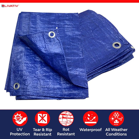 Blue 30 By 60 Feet Poly Tarp Cover Waterproof 5 Mil Thick Heavy Duty All Purpose Tarpaulin With Aluminum Grommets