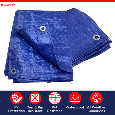 Heavy Duty 50X50 Foot Waterproof Tarpaulin Tarp Cover 5 Mil Thick Blue with Aluminum Grommets, UV and Rot Resistant