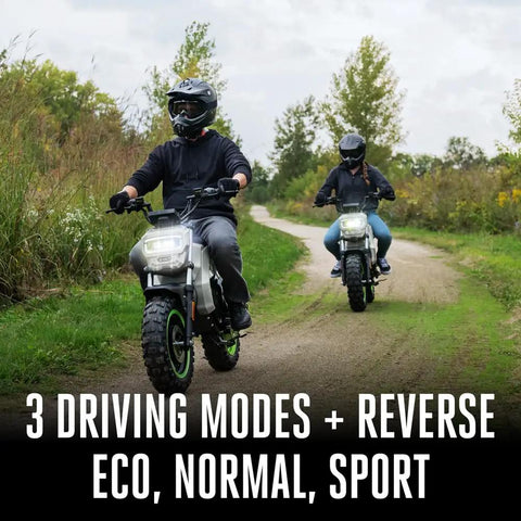 Power Plus Battery Powered Electric Mini Bike With Quiet Hub Motor Top Speed Up To 28 MPH Up To 20 Miles Per Charge 7.5Ah ARC Lithium Batteries Sold Separately Eco Normal Sport Modes With Reverse Parental Controls Battery And Charger Not Included, riders on a dirt trail