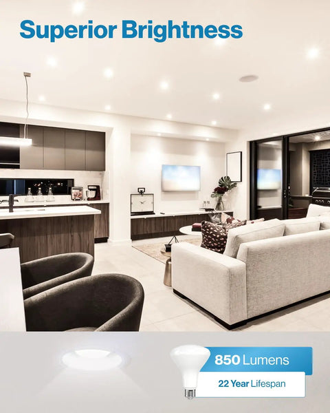 Modern living room with 6 Pack BR30 LED Recessed Can Light Bulbs For Indoor Flood Lighting, highlighting brightness and design.