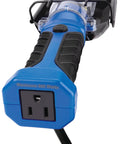 Close-up of 1000 Lumen LED Drop Light With Built In 120V Outlet, impact resistant handle, black non slip grip, and blue casing.