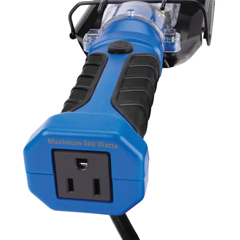 Close-up of 1000 Lumen LED Drop Light With Built In 120V Outlet, impact resistant handle, black non slip grip, and blue casing.