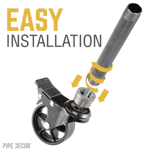 Zero Hassle Screws On Swivel Caster Wheels For Half Inch Pipe With Grippy Lock Brake and Rugged Build To Get Your Diy Bar Cart Or Workbench Rolling Smooth And Looking Fresh showcasing easy installation.