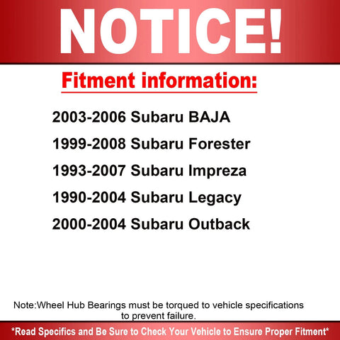 Fitment information for Front Wheel Bearing And Hub Assembly With Five Lugs For Subaru Baja Forester Impreza Legacy And Outback Fits 1990s Through 2008 Heavy Duty Replacement Reduces Noise And Vibration For Smooth Ride