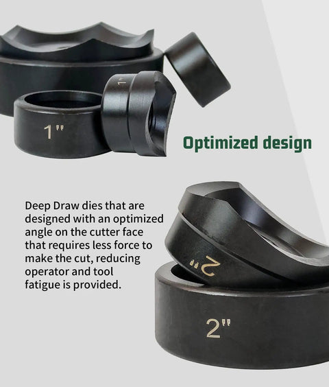 Deep draw dies from a Heavy Duty 12 Ton Hydraulic Knockout Punch Kit, showing optimized design for the 1 inch and 2 inch sizes.