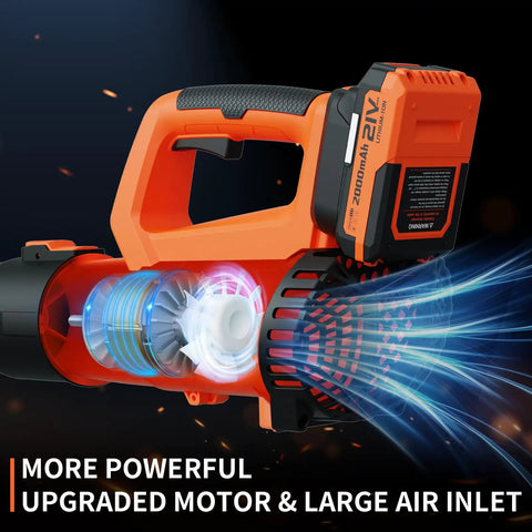 Cordless Leaf Blower 21V With Dual 2.0Ah Batteries And Fast Charger features upgraded motor and large air inlet