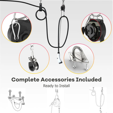 Universal EV Charger Cable Organizer With Retractable Overhead Mount showing complete accessories for easy installation.