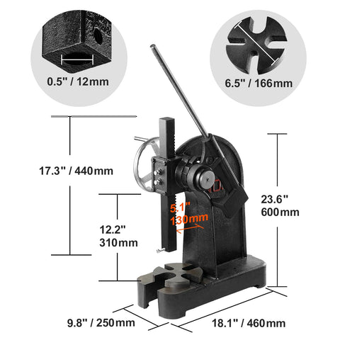 Heavy Duty 3 Ton Ratchet Arbor Press Built Like A Tank For The Daily Grind Featuring Smooth Handwheel Control and solid cast iron frame dimensions displayed.