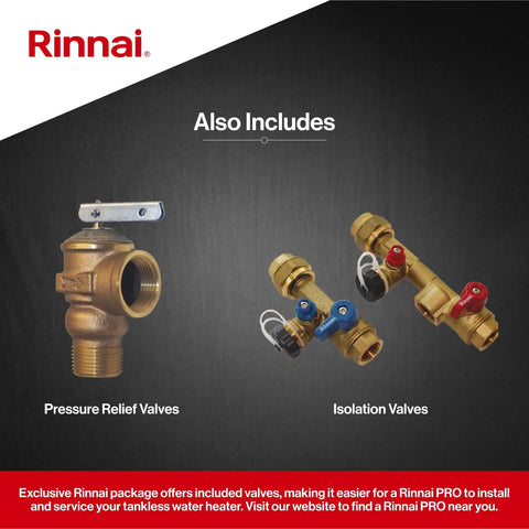 Pressure relief and isolation valves for Heavy Duty Gas Tankless Water Heater With Smart Recirculation, Rinnai brand.