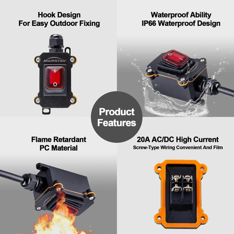 Beefy Rugged Heavy Duty Waterproof Extension Cord With Inline On Off Switch Three Foot 16 AWG Cable And Three Pronged Piggyback Plug showcasing features: hook design, waterproof, flame retardant, high current capacity.