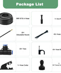 65.6 Ft Adjustable Drip Irrigation Kit With 20 360 Degree Misting Nozzles showing package list contents.