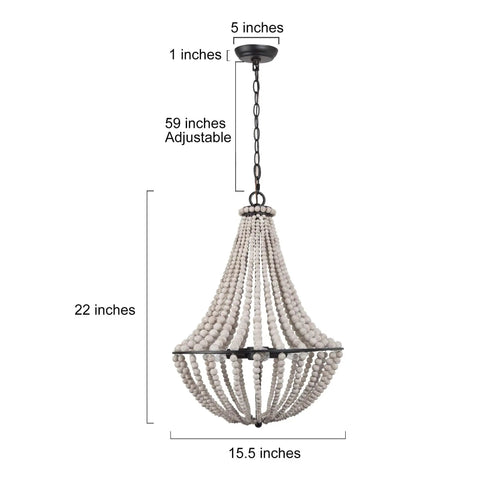 Farmhouse Boho Chandelier With Handmade Wood Beads For Dining Room Or Living Room, Natural Solid Wood Beads In White Distressed Finish