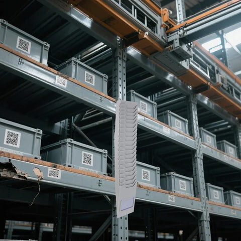 Sleek Shelf Document Holder And Label Organizer Rack For Warehouse Supplies And Badges Beefy Lightweight Keeper on warehouse shelves.