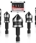Pro Grade 5 Piece Countersink Drill Bit Set With One Quarter Inch Hex Shank, 82 Degree 5 Flute HSS Countersink Bits displayed