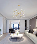 Living room with Sputnik Style Dope 15 Light Modern Ceiling Fixture Gleaming Gold Finish Semi Flush Mount Chandelier.