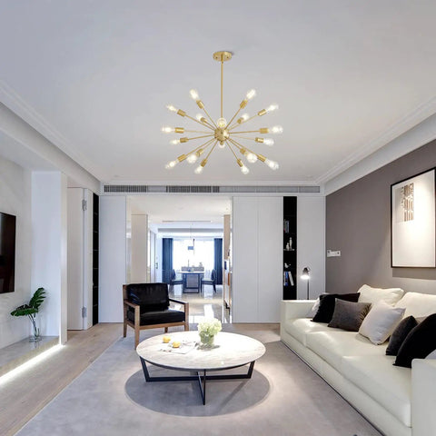 Living room with Sputnik Style Dope 15 Light Modern Ceiling Fixture Gleaming Gold Finish Semi Flush Mount Chandelier.