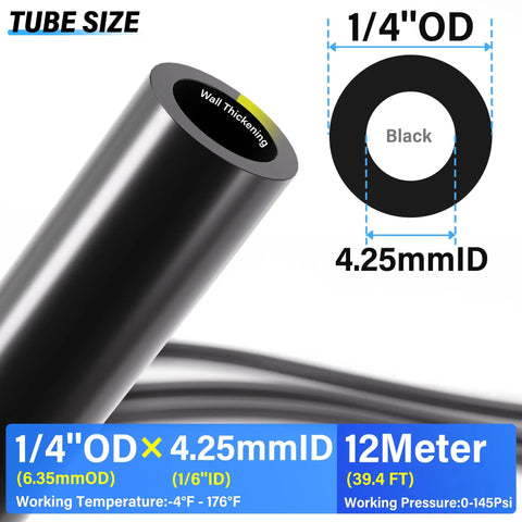 Black 1/4 Inch OD PU Air Tubing Kit With Union Tees, Elbows, Y Splitters And Straight Unions For Pneumatic Systems, Flexible Polyurethane Tubing 12 Meter 39.4ft product dimensions and specifications illustration