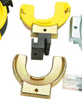 Close-up of fork attachments from MacPherson Strut Spring Compressor Kit with interchangeable forks in yellow and metal.