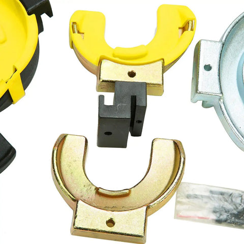 Close-up of fork attachments from MacPherson Strut Spring Compressor Kit with interchangeable forks in yellow and metal.