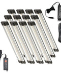 Six Inch Warm White Modular LED Under Cabinet Lighting Pro Kit With Twelve Panels For Bright Color Accurate Task Lighting In Kitchens And Home Offices Easy Install And No Brainer Layout displayed with power supply and cables.