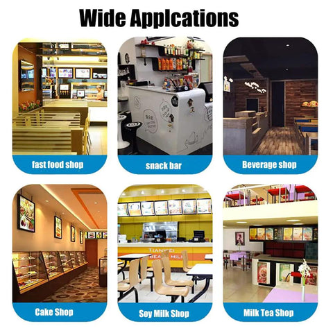 Wide applications image showcasing various shop types, including fast food, snack bar, beverage shop, cake shop, soy milk shop, and milk tea shop.