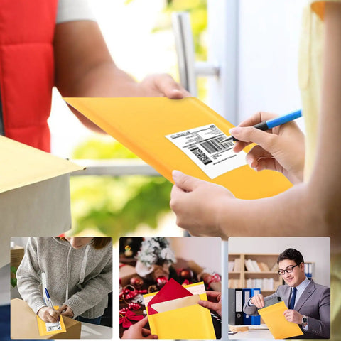 Person holding Yellow Self Seal Bubble Mailers 4x8 Exterior 4x7 Inner Padded Envelopes 100 Pack For Small Biz Shipping
