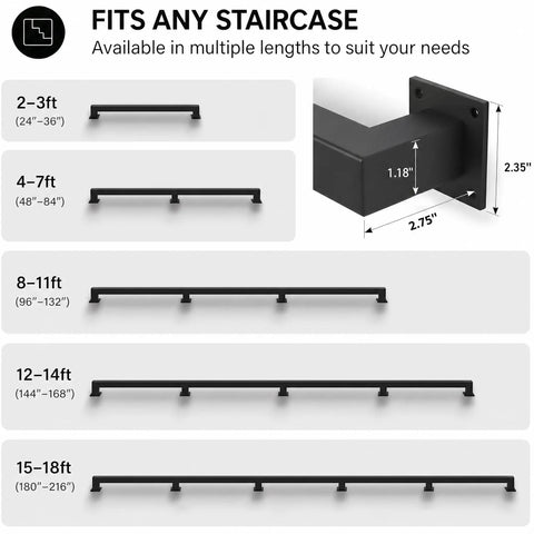 Five Hundred Pound Legit Heavy Duty Stair Handrail Wall Mounted Rock Solid Reinforced Steel Zero Play Banister Safe Grip lengths chart