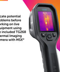 Thermal imaging camera with infrared display, text reads: Locate potential problems before working on live equipment using the included TG268.