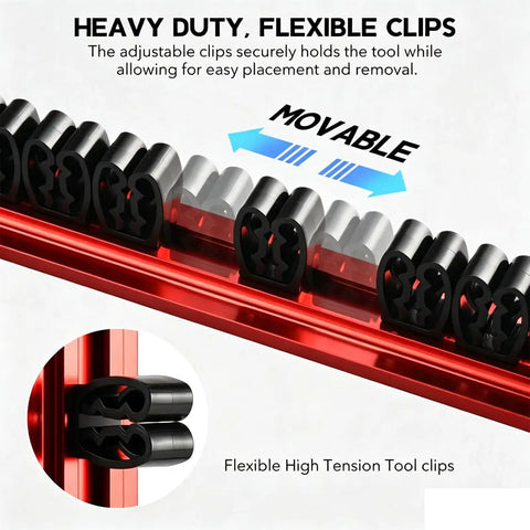 Close-up of flexible clips on Magnetic Screwdriver Organizer And Tool Holder Wall Mount With Strip Aluminum Alloy Magnetic Tool Rack