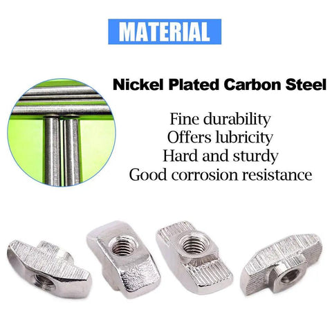 Nickel-plated carbon steel T-slot nuts showcasing durability for European M3 M4 M5 M6 Hammer Head Drop In T Slot Nut Kit.