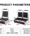 Top Rated Kuybtu Electric Grill 1800W 3600W Panini Maker stainless steel dual plate dimensions and parameters image.