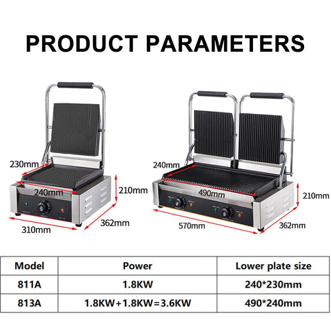 Top Rated Kuybtu Electric Grill 1800W 3600W Panini Maker stainless steel dual plate dimensions and parameters image.