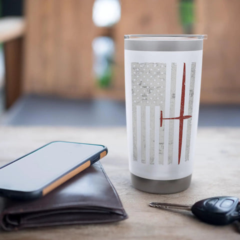 Airplane Pilot American Flag Design Stainless Steel Insulated Tumbler With Dual Wall Keeps Drinks Hot Or Cold Leak Proof Clear Slider Lid BPA Free White Finish on table