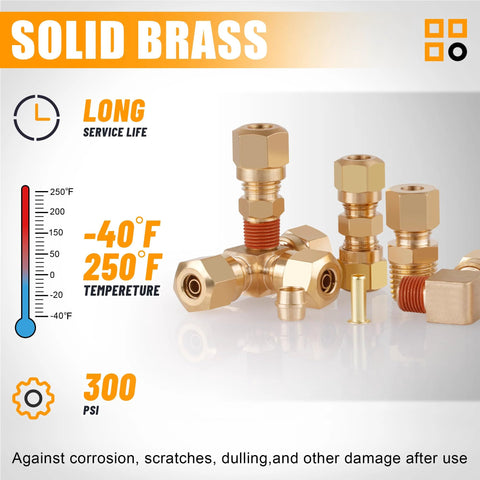 Brass DOT air brake line fittings assortment set; compression fittings in 1/4, 1/8, 3/8, 1/2 in for trucks