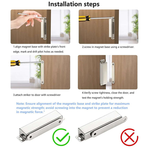 Installation steps for 2 Pack Heavy Duty Magnetic Door Catch With 90lb Pull, showing alignment and screw fixation on wooden door.