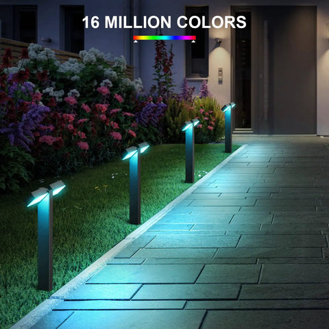 Low Voltage Outdoor LED RGBW Landscape Lights 12V 8W, 400LM Smart Path Lights illuminating a walkway with colorful light, 4 pack