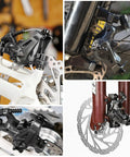 Heavy Duty Mechanical Disc Brake Kit With Dual Piston Calipers And 160 Mm Rotors close-up view on bicycle wheel, showcasing design and dual mounting.