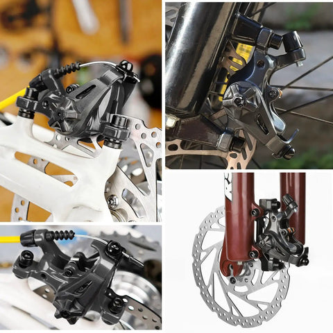 Heavy Duty Mechanical Disc Brake Kit With Dual Piston Calipers And 160 Mm Rotors close-up view on bicycle wheel, showcasing design and dual mounting.