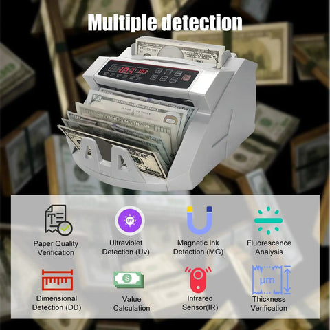 Money Counter With Value Count And UV MG IR Counterfeit Detection displaying notes and detection features, LCD display visible