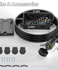 Road Ready 8 Foot 7 Way Trailer Wiring Harness Kit With Color Coded Junction Box Heavy Duty Automotive Connector, components and dimensions visible.