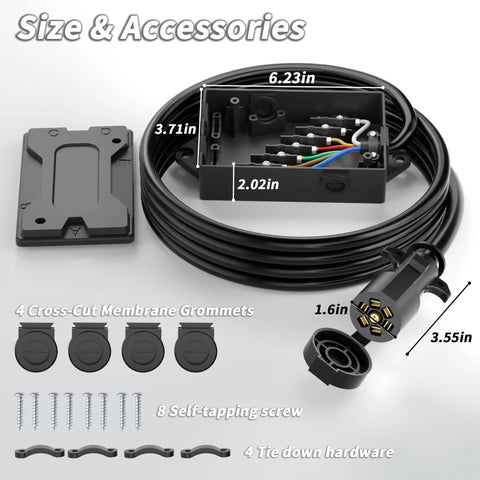 Road Ready 8 Foot 7 Way Trailer Wiring Harness Kit With Color Coded Junction Box Heavy Duty Automotive Connector, components and dimensions visible.