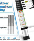 Close-up view of 8.5ft Aluminum Telescoping Ladder With Non Slip Feet Do It All Portable Extension Ladder for Home and Outdoor Projects 330lb Capacity Lightweight, showcasing thicker aluminum alloy construction with diagram and safety instructions.