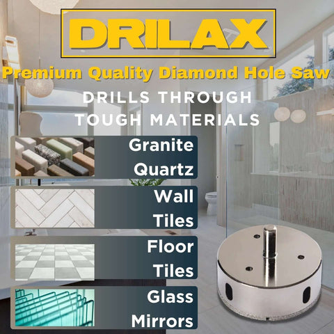 Drilax 2-3/4 inch diamond hole saw with 3/8 inch shank and 1-1/8 inch cut depth for tile, glass, granite, porcelain