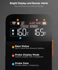 Close-up of Smart Wireless Meat Thermometer With Bluetooth And WiFi Ultra Range LCD screen, showing 160°F, 165°F readings.