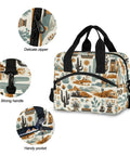 Western Desert Cooler Bag Insulated Lunch Tote 10L featuring cactus design, strong handle, delicate zipper, and handy pocket.