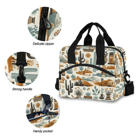 Western Desert Cooler Bag Insulated Lunch Tote 10L featuring cactus design, strong handle, delicate zipper, and handy pocket.