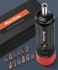 Torque Screwdriver Set 10 To 70 Inch Pounds With 10 Bits For Maintenance, Bike Repair, Mounting And General Tools, Easy Preset Locking Mechanism, Precise Adjustable Torque, Your Go To Quick Fix Kit displayed with case and bits