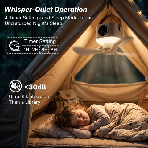 Top Rated Portable Ceiling Fan And Battery Operated Tent Fan Crafted For Campers Craving Straight Up Chill Airflow And No Sweat Remote Control For A Sweet Weekend Getaway in a tent with a child sleeping.