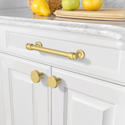 10 Pack Brushed Gold Cabinet Pulls With 5 Inch Hole Centers For Kitchen Cabinets And Bathroom Drawers on a white cabinet.