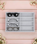 Stay Super Fresh With This Hella Soft Gray Velvet Jewelry Organizer Tray Featuring Eight Quick Grab Grids, Sleek Watch And Sunglasses Display Plate, Portable Drawer Storage showing eyewear in gray velvet.